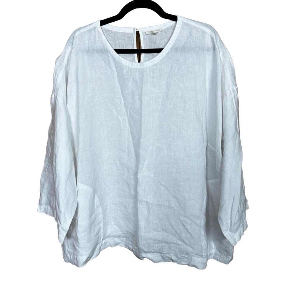 Eileen Fisher Organic Linen White Scoop Neck 3/4 Sleeve Lightweight Blouse 1X